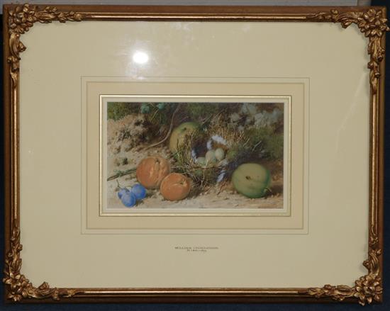William Cruickshank (fl.1866-1879) Still lifes of fruit and birds nests, 6.5 x 10.5in.